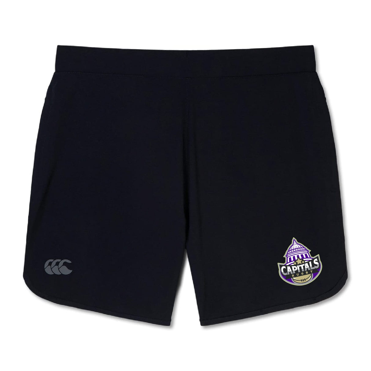 The Capitals Rugby NC Elite Woven Short by EMB Canterbury features the Washington DC Capitals logo, Canterbury branding, and zippered pockets for secure storage.