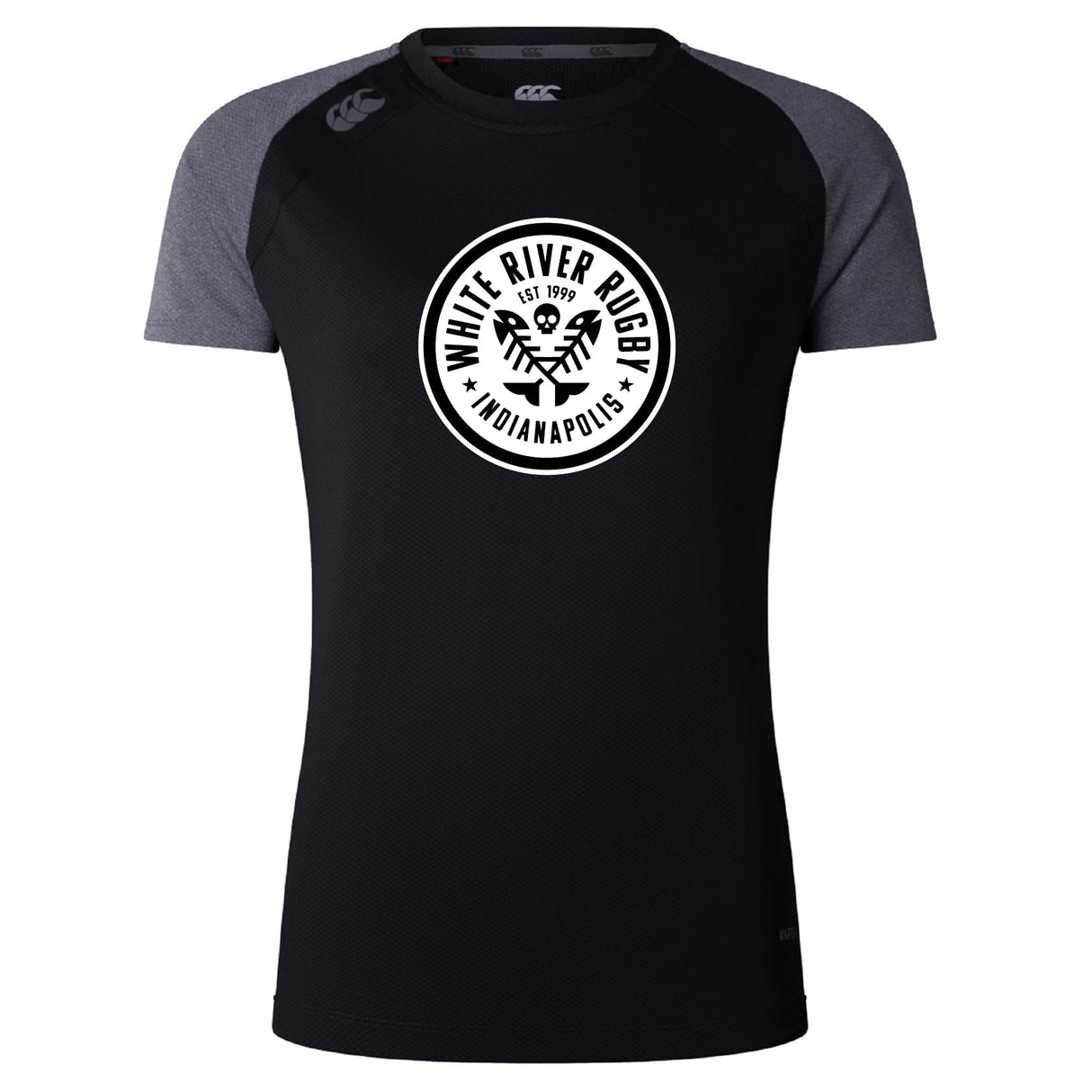 The White River Rugby Football Club Women's Elite Training Tee by WRS Canterbury is a black and gray short-sleeve, lightweight top with a circular "White River Rugby Indianapolis" logo—ideal for elite performance workouts.