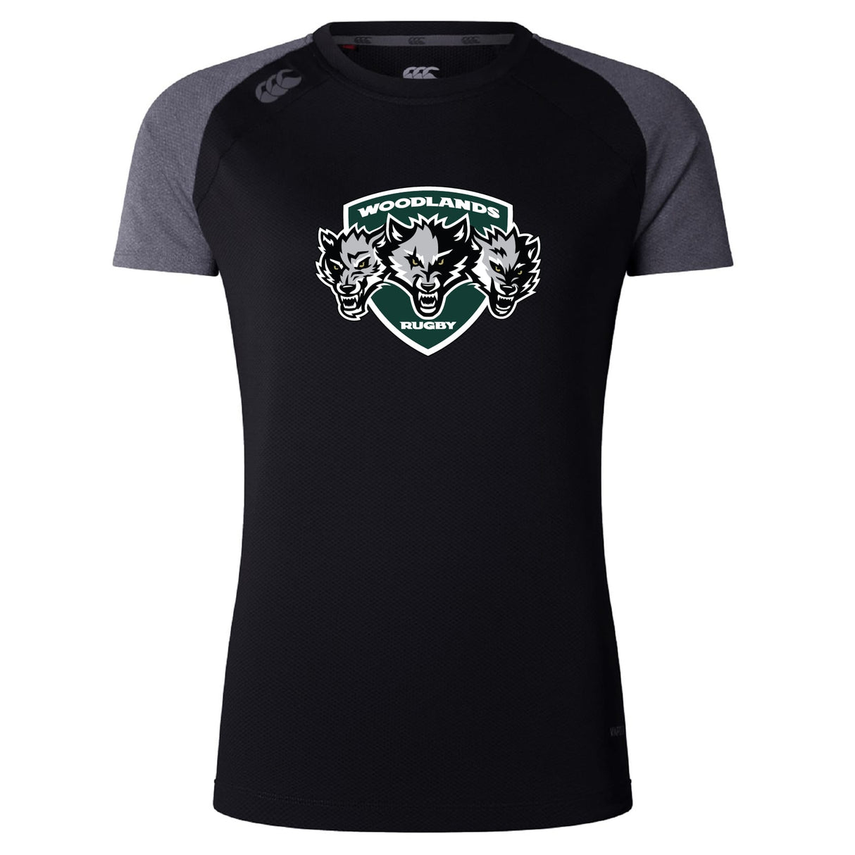 The Woodlands Youth Wolfpack Women's Elite Training Tee by WRS Canterbury is a lightweight, black and dark gray short-sleeve shirt with three wolf heads on the chest—ideal for comfort and performance on or off the field.