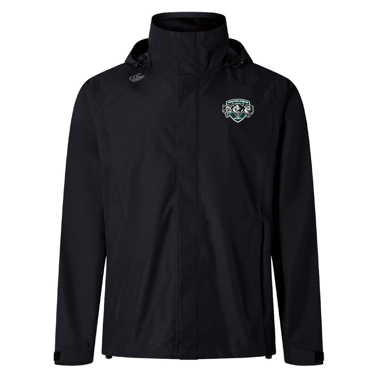 The Woodlands Youth Wolfpack Elite Storm Jacket by EMB Canterbury is black with a left chest crest and right shoulder logo, shown on a white background. This waterproof jacket features Vaposhield tech for top weather protection.