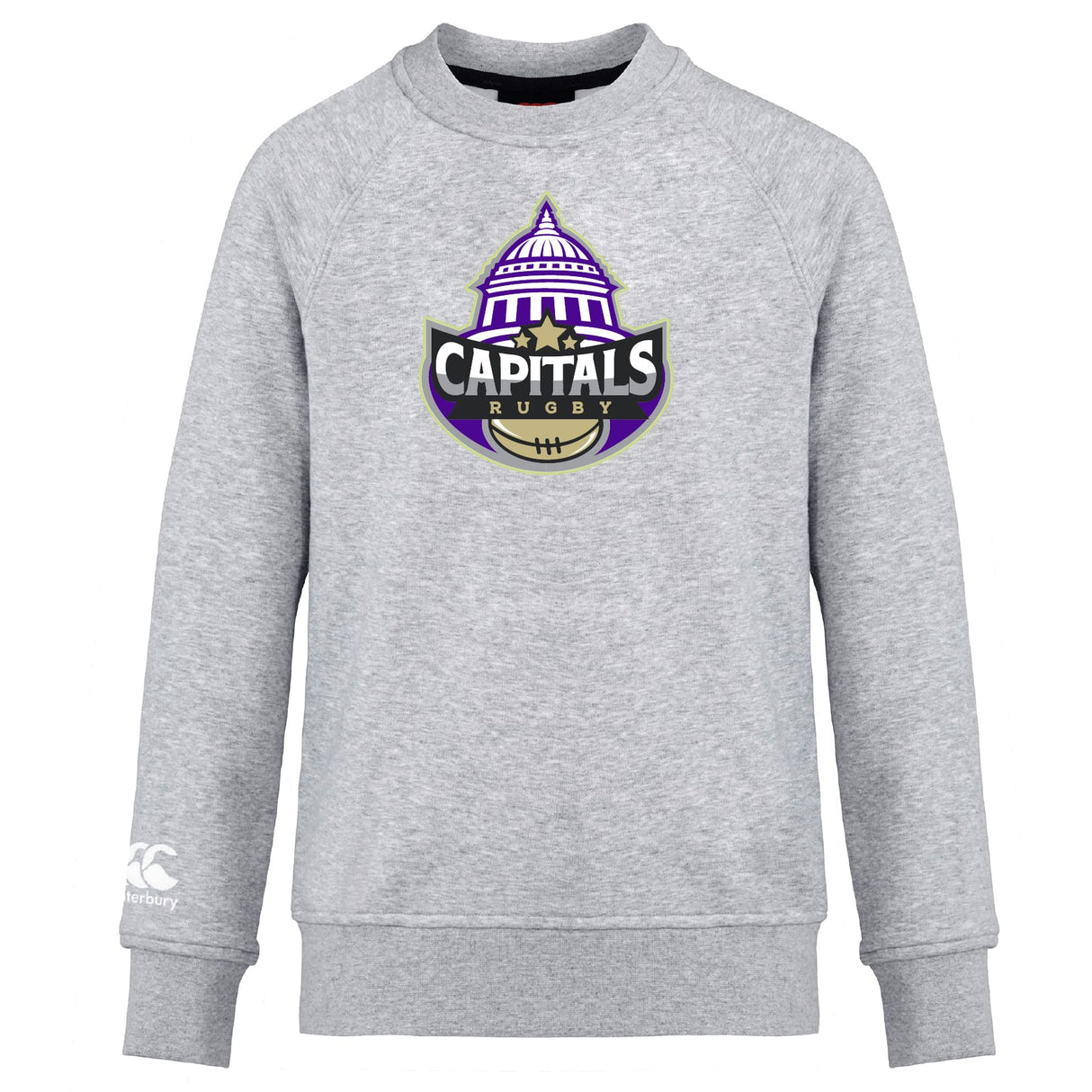 The Capitals Rugby NC Club Crew Sweatshirt by WRS Canterbury features a "Capitals Rugby" logo with a purple dome graphic on the chest, an embroidered CCC sleeve logo, and offers ultra-soft comfort and style.