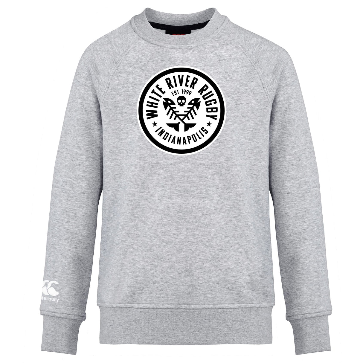 The White River Rugby Football Club Club Crew Sweatshirt by WRS Canterbury is a gray ultra-soft pullover with a circular "White River Rugby Indianapolis" chest logo and an embroidered CCC logo on the left sleeve.