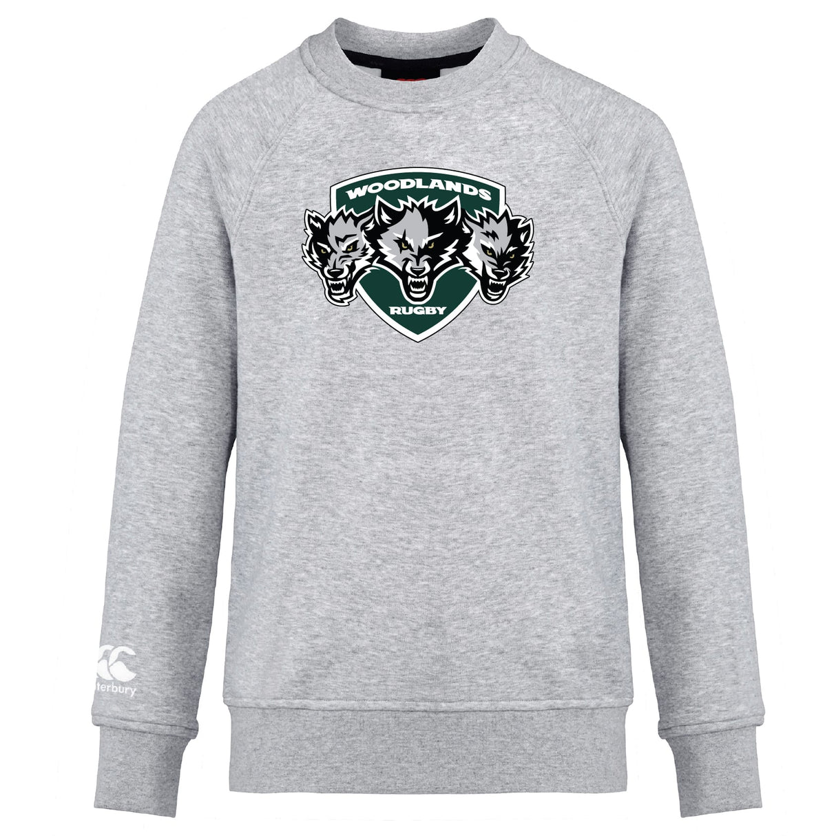 The Woodlands Youth Wolfpack Club Crew Sweatshirt by WRS Canterbury is an ultra soft, light gray crew with the embroidered "Woodlands Rugby" three-wolf-head logo on the chest and a small white Canterbury logo on the left sleeve.