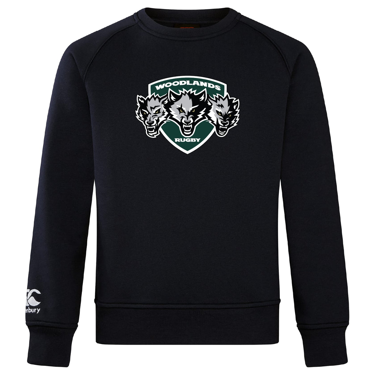 The Woodlands Youth Wolfpack Club Crew Sweatshirt by WRS Canterbury features a black ultra-soft design, embroidered "Woodlands Rugby" with three wolf heads on the chest, and a small Canterbury logo on the sleeve.