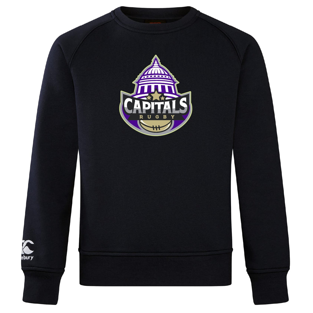 The Capitals Rugby NC Club Crew Sweatshirt by WRS Canterbury features a "Capitals Rugby" logo with a stylized capitol dome and stars, an embroidered CCC logo on the left sleeve, and ultra-soft fabric for comfort.