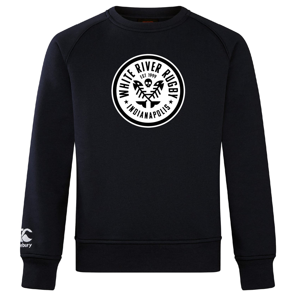 The WRS Canterbury White River Rugby Football Club Club Crew Sweatshirt features a white chest logo and an embroidered CCC logo on the left sleeve, combining ultra-soft comfort with classic style.