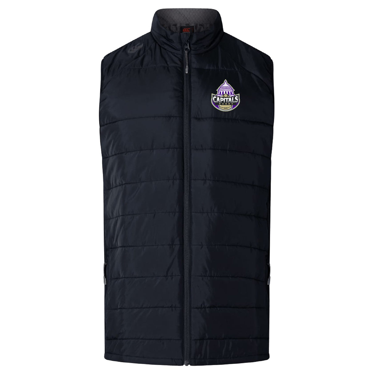The Capitals Rugby NC Elite Microlite Gilet by EMB Canterbury is a black, sleeveless insulated vest with zip closure and a purple and white "Capitals" logo on the upper left chest.