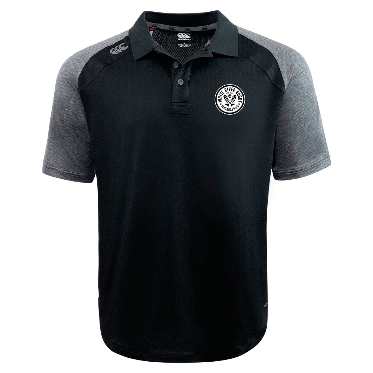 The White River Rugby Football Club Elite Polo by EMB Canterbury features grey sleeves, a circular left chest logo, and a front button placket. Made from lightweight, durable Vapodri fabric for comfort and performance.