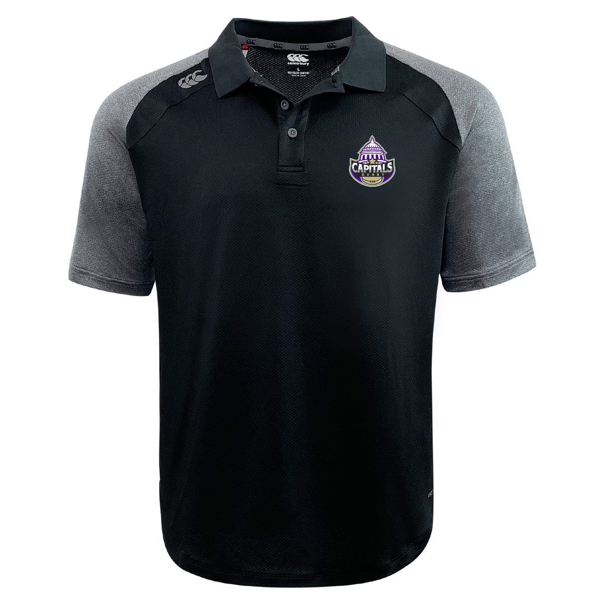 The Capitals Rugby NC Elite Polo by EMB Canterbury is a black and grey short-sleeve polo made with Vapodri fabric, featuring a "Canberra Capitals" logo on the chest and a "Canterbury" logo on the right shoulder.