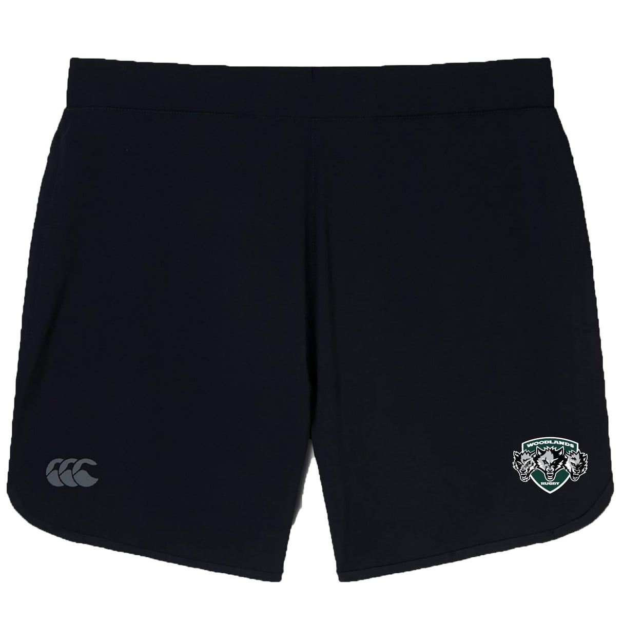 The EMB Canterbury Woodlands Youth Wolfpack Women's Elite Woven Short features a black design with a logo on the left leg, an emblem near the right hem, and zippered pockets for secure storage.