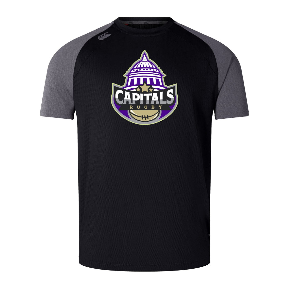 The Capitals Rugby NC Elite Training Tee by WRS Canterbury features a purple, white, and gold "Capitals Rugby" dome logo on black and dark gray Vapodri fabric for lightweight durability and performance.
