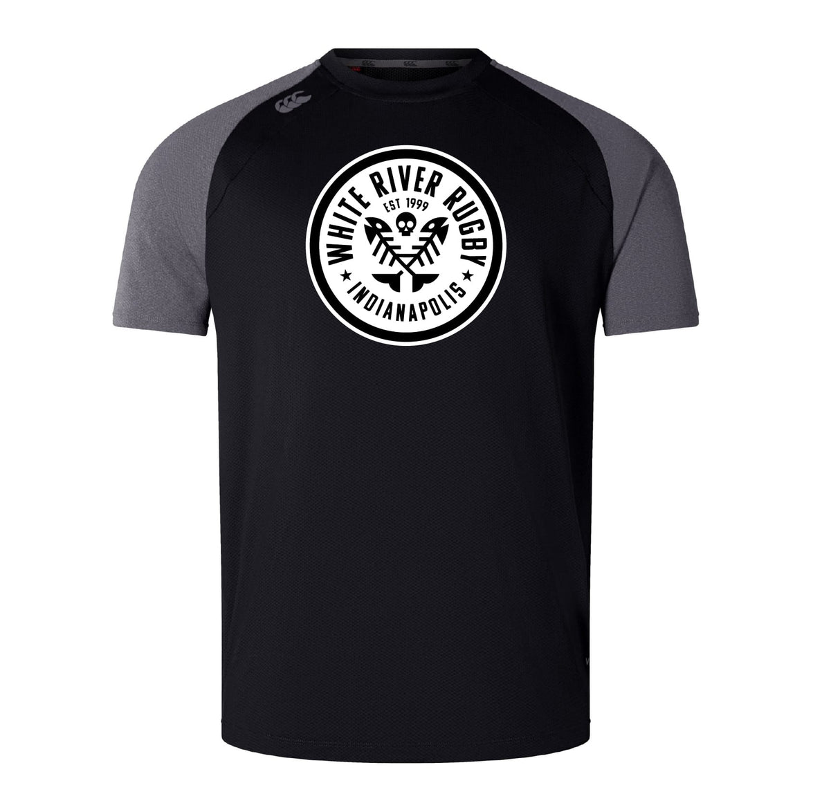 The WRS Canterbury White River Rugby Football Club Elite Training Tee is a black and gray short-sleeve shirt with a white "White River Rugby Indianapolis" logo, crafted from lightweight Vapodri fabric for superior comfort during training.