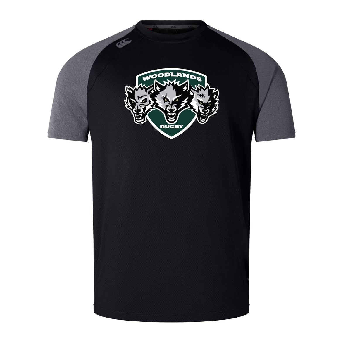 The Woodlands Youth Wolfpack Elite Training Tee by WRS Canterbury is a black/gray short-sleeve top with three wolf heads and a "Woodlands Rugby" logo, made from lightweight Vapodri fabric for comfort and performance.