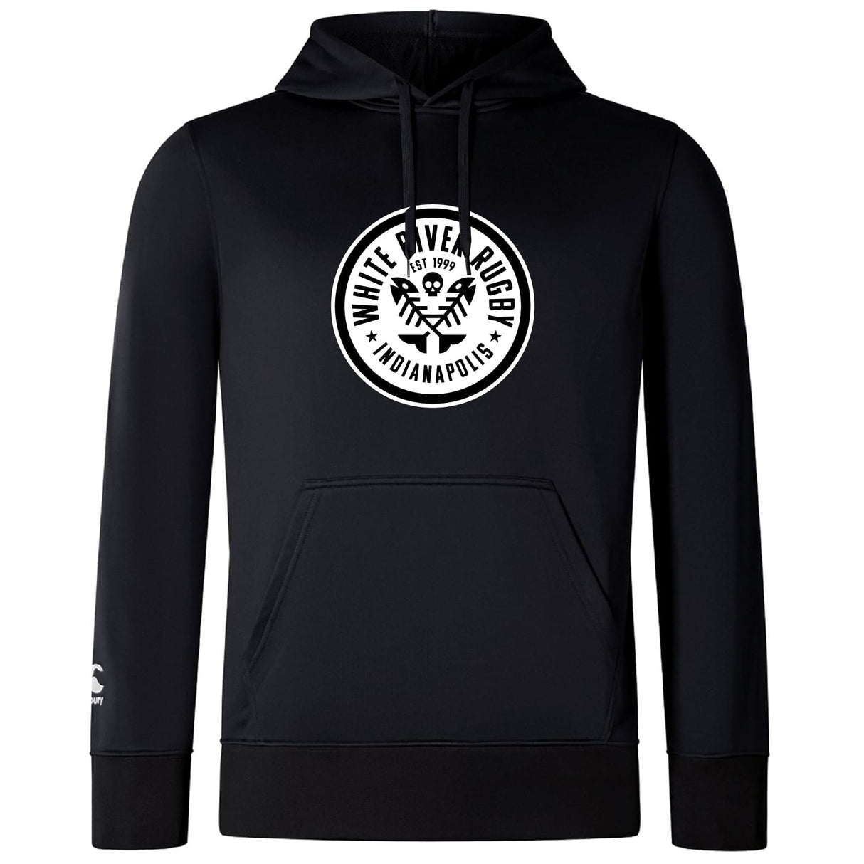 The White River Rugby Football Club Lightweight Hoodie by WRS Canterbury features a kangaroo pocket and the Indianapolis logo in white on the chest.
