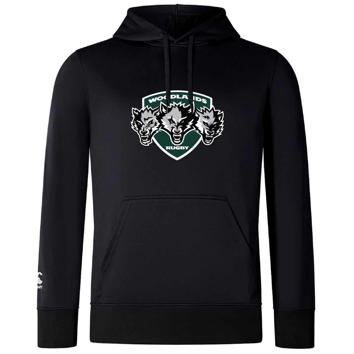 The Woodlands Youth Wolfpack Club Lightweight Hoodie by WRS Canterbury is a black hoodie with a "Woodlands Rugby" logo featuring three wolf heads on the front and an embroidered CCC logo on the left sleeve.