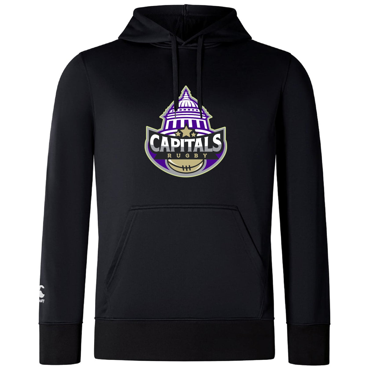 The Capitals Rugby NC Club Lightweight Hoodie by WRS Canterbury is a black lightweight hoodie with a kangaroo pocket, drawstring hood, and "Capitals Rugby" logo featuring a purple-domed building and rugby ball on the chest.