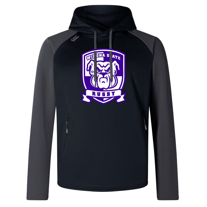The Winona State University Elite Training Hoody by WRS Canterbury, specially crafted for both performance and comfort, proudly displays a "Willona State Rugby" logo with a bulldog on the chest. Styled in black and gray, this hoodie combines fashion with sustainability by using lower impact materials.
