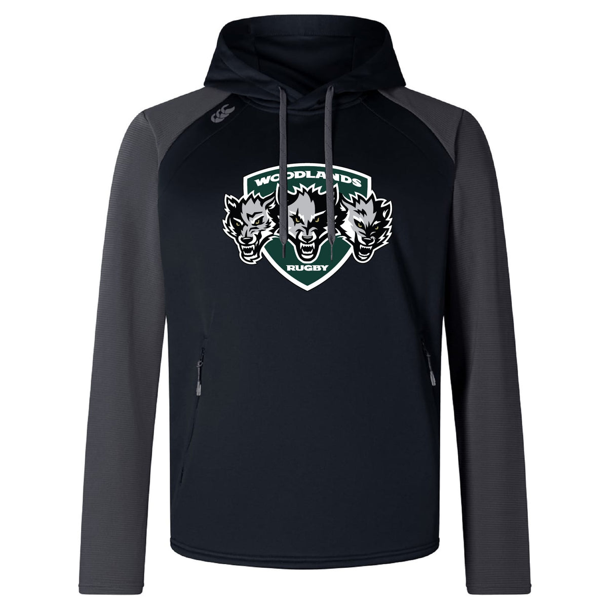 The Woodlands Youth Wolfpack Elite Training Hoody by WRS Canterbury features black and gray colors with a three-wolf "Woodlands Rugby" logo—premium sportswear ideal for young fans and athletes.