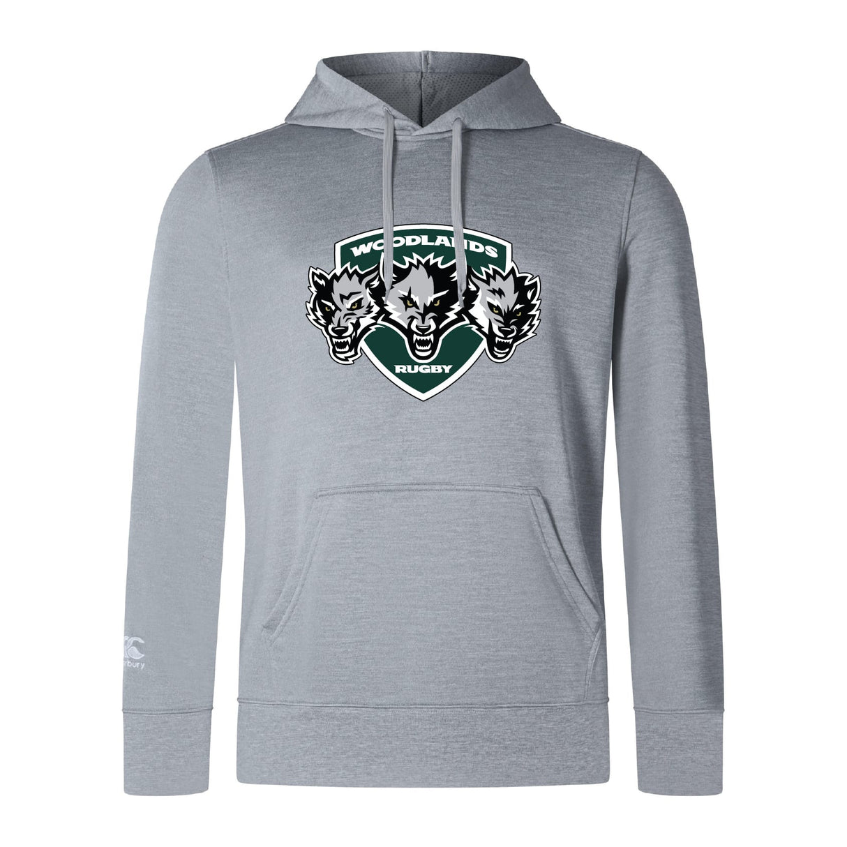 The Woodlands Youth Wolfpack Club Lightweight Hoodie by WRS Canterbury features a light gray design with a green shield logo of three wolf heads and an embroidered CCC logo for classic rugby style.