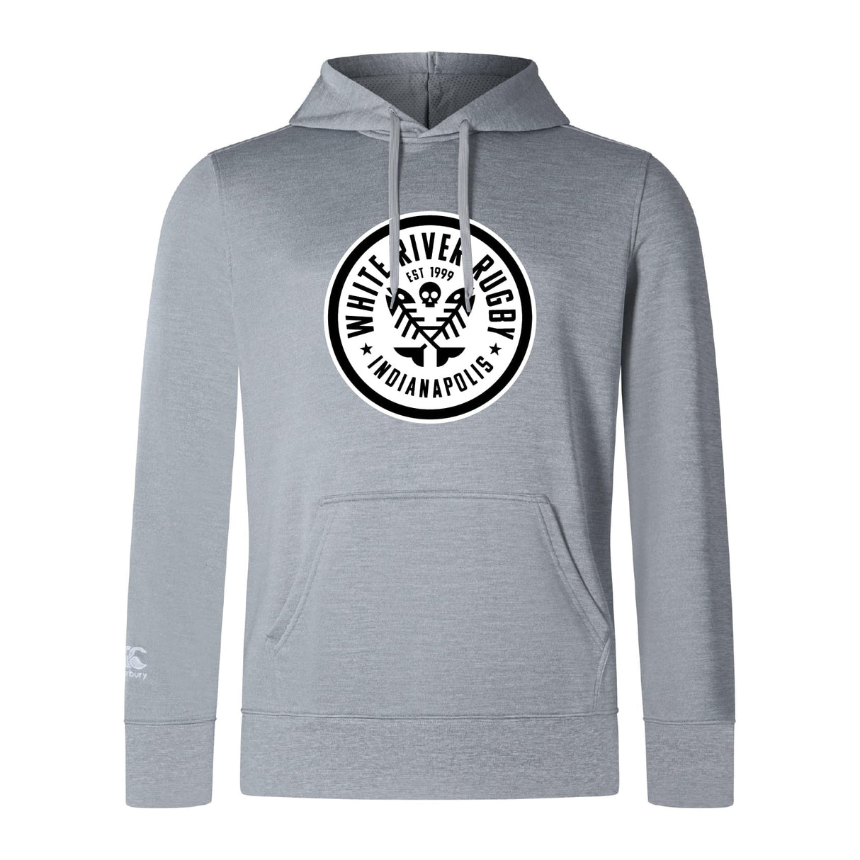 The White River Rugby Football Club Club Lightweight Hoodie by WRS Canterbury is light gray with a kangaroo pocket and a circular black and white "White River Rugby Indianapolis" chest logo.