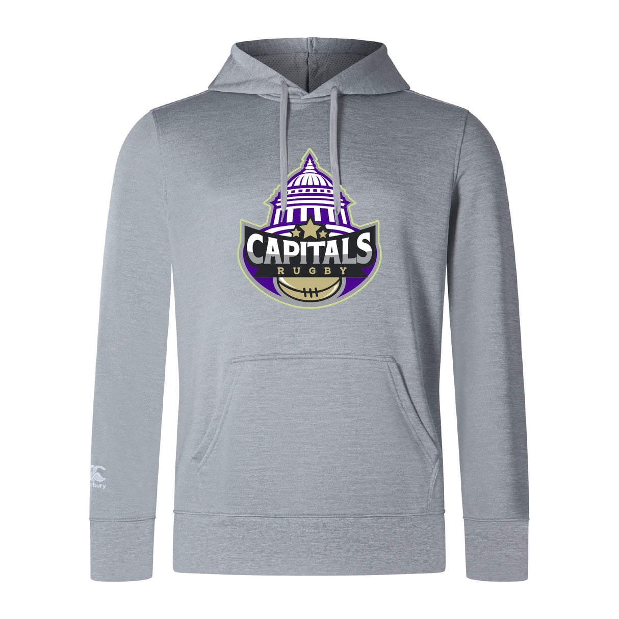 The Capitals Rugby NC Club Lightweight Hoodie by WRS Canterbury features a large “Capitals Rugby” logo with a stylized capitol dome and rugby ball on the front, plus a comfy kangaroo pocket.