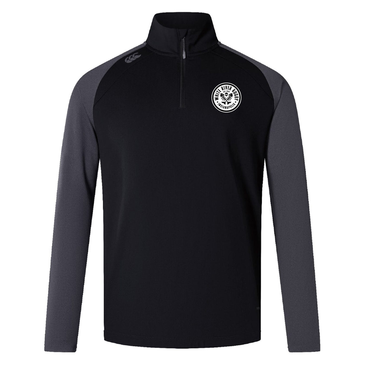 The EMB Canterbury White River Rugby Football Club Elite First Layer is a black and dark gray VapoDri quarter-zip pullover with a white circular crest on the chest—perfect as a rugby training top.