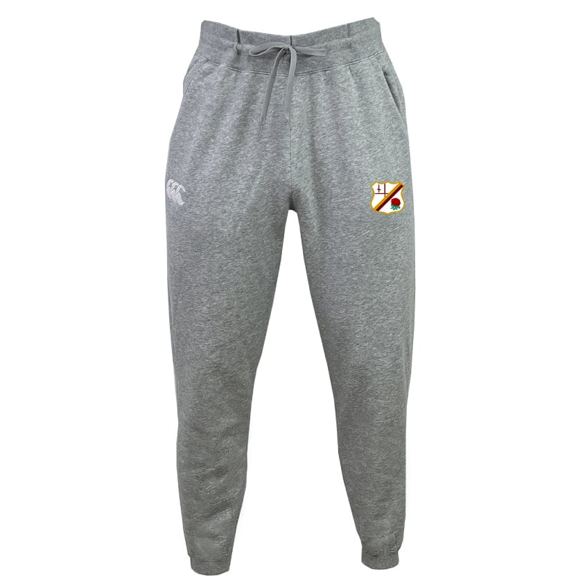 Williams College RFC Leisure Sweatpant by EMB Canterbury, constructed from recycled polyester in gray, includes a drawstring waist and showcases a logo on the left side along with a crest on the right side.