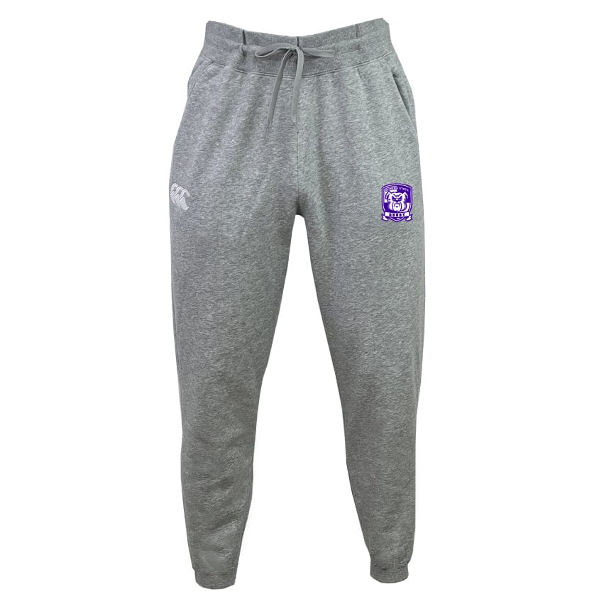 Introducing the Winona State University Leisure Sweatpant by EMB Canterbury, crafted from a blend of organic cotton and recycled polyester for ultimate comfort. Featuring an adjustable drawstring waist and adorned with both a purple WSU logo and a white logo on the front, these gray sweatpants are perfect for any relaxed setting.