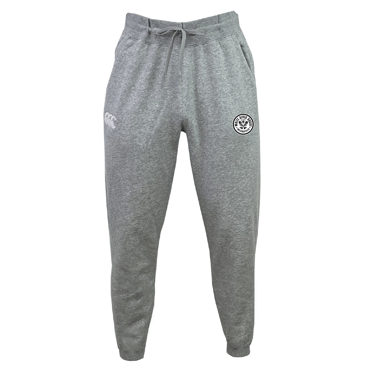 The White River Rugby Football Club Leisure Sweatpant by EMB Canterbury features elastic cuffs, a drawstring waistband, and two thigh logos. Made with organic cotton for comfort and sustainability.