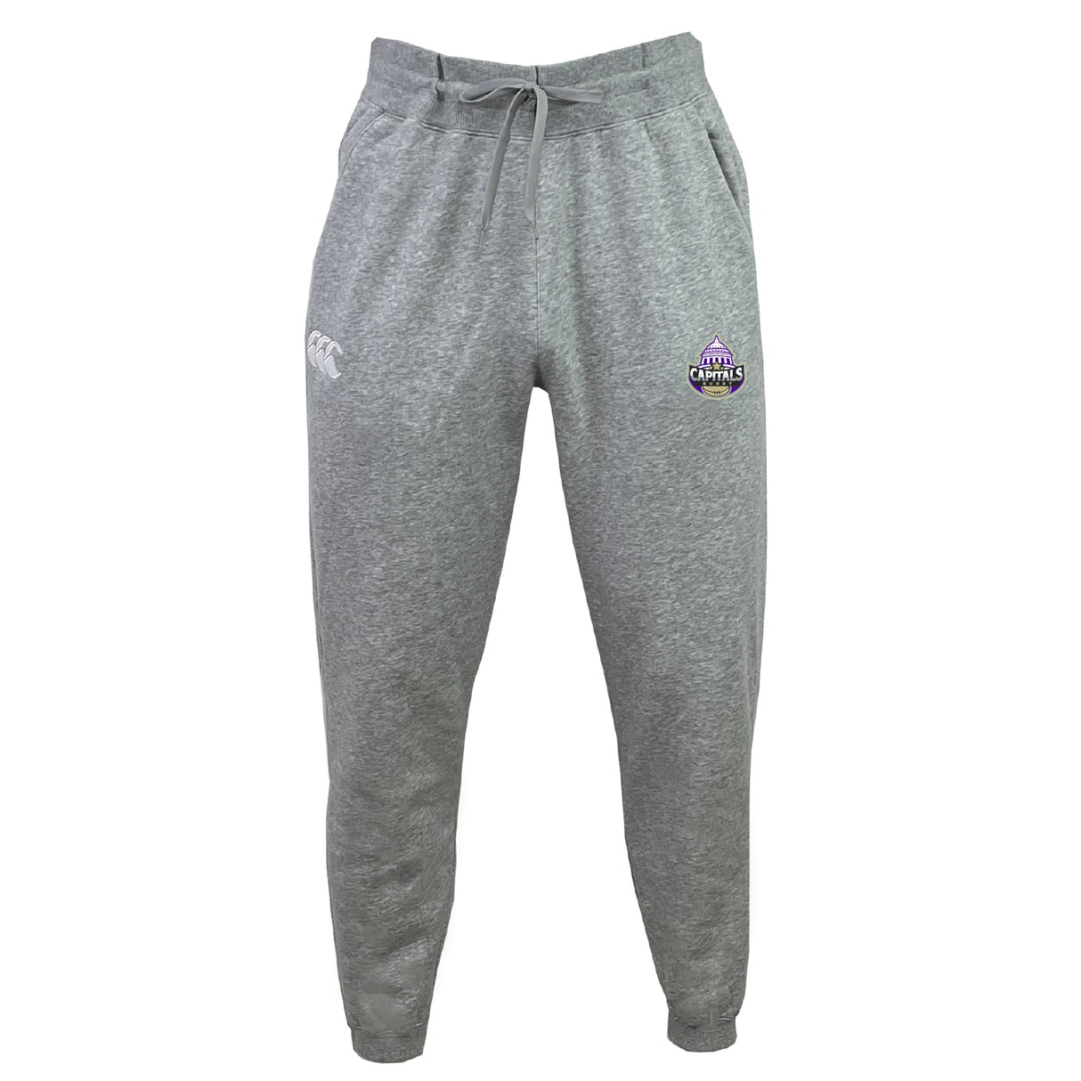 The Capitals Rugby NC Leisure Sweatpant by EMB Canterbury features soft recycled polyester fleece, an elastic waistband with drawstring, the Canterbury logo, and a purple Melbourne Storm emblem on the left thigh.