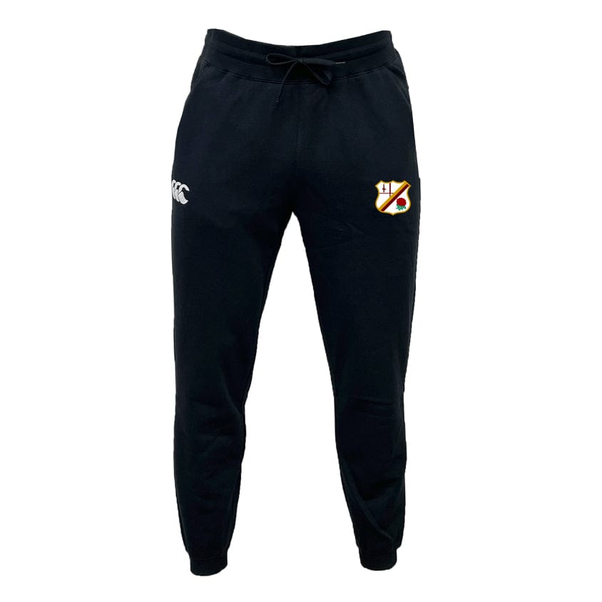 The Williams College RFC Leisure Sweatpant by Canterbury, in black, features an embroidered logo on the right thigh and a white "CCC" logo on the left, made by EMB Canterbury using organic cotton for exceptional comfort and sustainability.