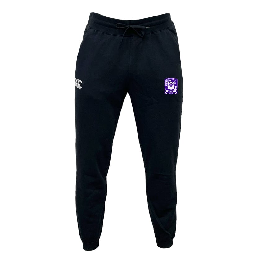 The Winona State University Leisure Sweatpant by Canterbury from EMB Canterbury is made with recycled polyester and includes a drawstring waist. It showcases a white logo on the right and a purple emblem on the left thigh, perfectly combining style and sustainability.