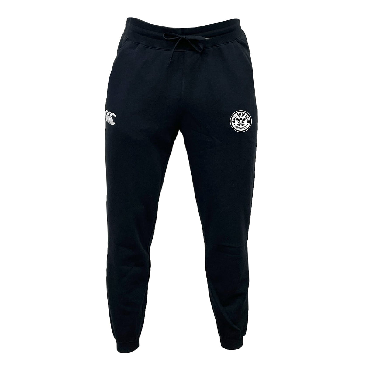 The EMB Canterbury White River Rugby Football Club Leisure Sweatpant features a drawstring waist, sustainable fabric, and two white logos on the upper thighs.