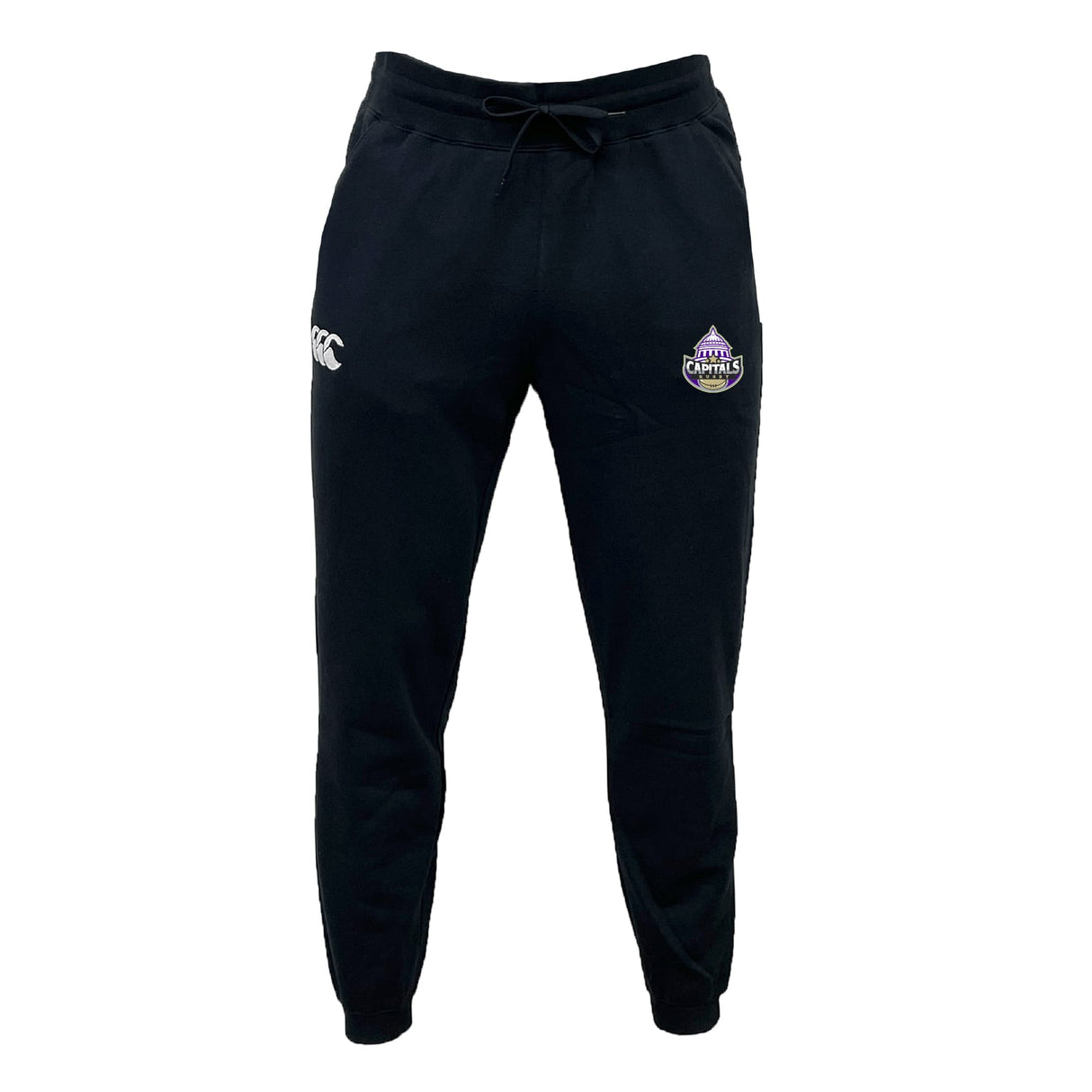 The EMB Canterbury Capitals Rugby NC Leisure Sweatpant features an elastic waistband, drawstring, and two embroidered logos on the front—made from soft recycled polyester fleece for maximum comfort and style.
