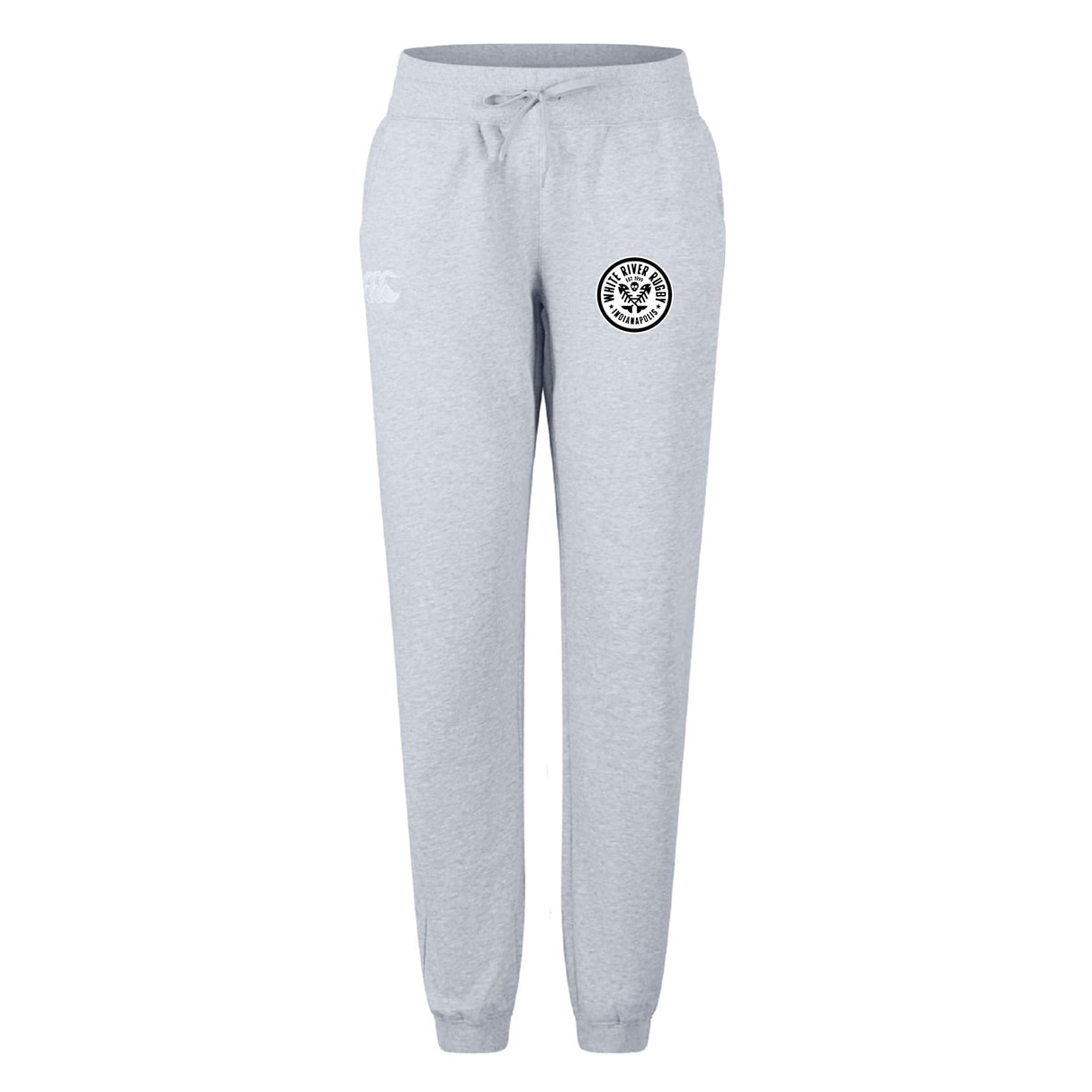 The White River Rugby Football Club Women's Leisure Sweatpant by EMB Canterbury features light gray organic cotton, an elastic waistband with front tie, cuffed ankles, and a black and white emblem on the upper left leg for stylish comfort.