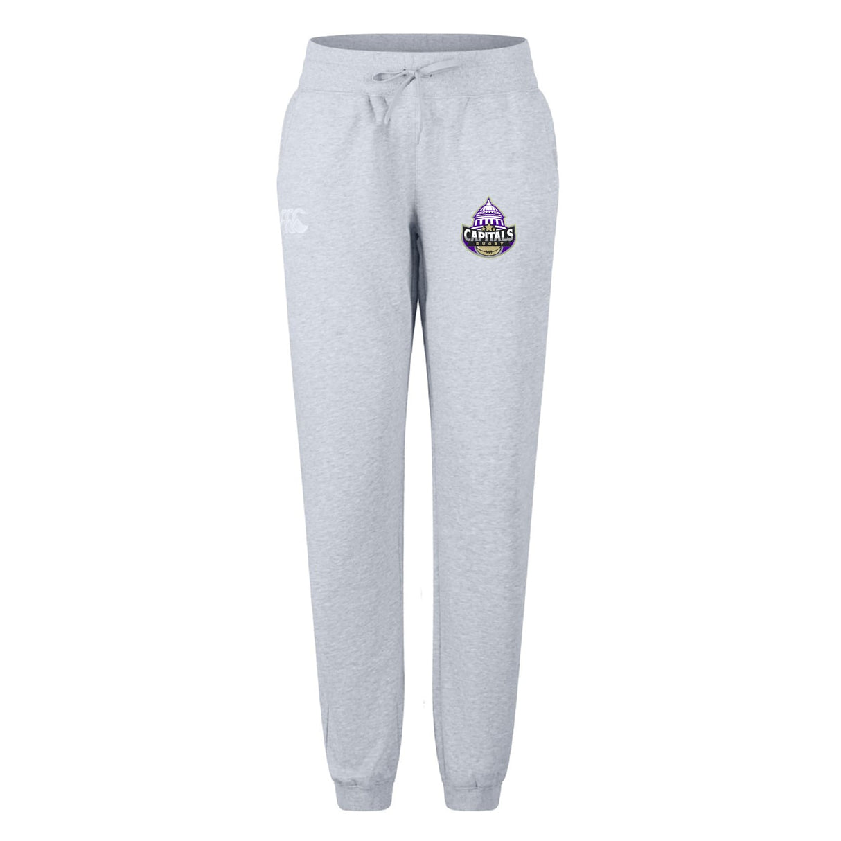 The Capitals Rugby NC Women's Leisure Sweatpant by EMB Canterbury features light gray organic cotton, a drawstring waist, ribbed cuffs, and a small purple and black "Capitals" logo on the upper left thigh for comfortable, stylish wear.