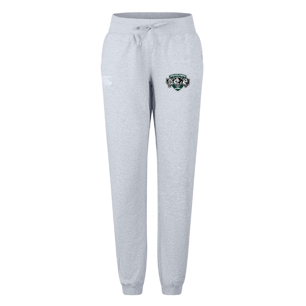The EMB Canterbury Woodlands Youth Wolfpack Women's Leisure Sweatpant features a light gray color, drawstring waist, elastic cuffs, and a green and black animal logo on the left thigh. Made from soft organic cotton for comfort.