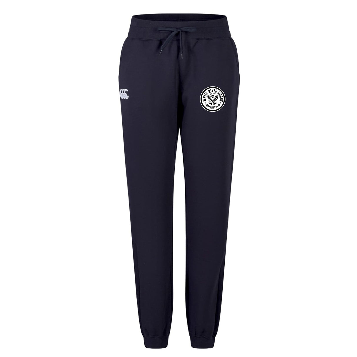 The White River Rugby Football Club Women's Leisure Sweatpant by EMB Canterbury features a navy blue color, drawstring waist, organic cotton, and white logos on both thighs—perfect as women's leisure sweatpants. Displayed on a white background.
