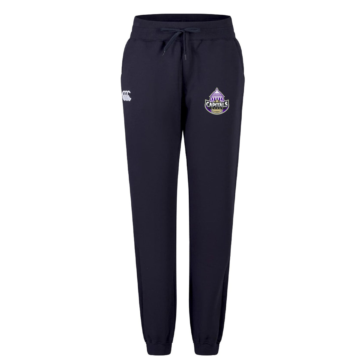 The Capitals Rugby NC Women's Leisure Sweatpant by EMB Canterbury is a navy blue organic cotton sweatpant with a drawstring waist, featuring the Canterbury logo on the left and a Royal Capitals badge on the right thigh.