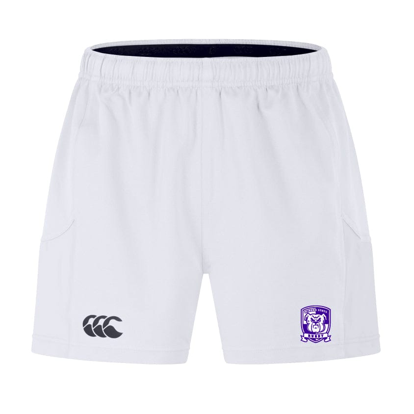 The Winona State University Advantage Short 2.0 by EMB Canterbury offers white performance shorts that showcase a logo on the left leg and an emblem on the right, all crafted from recycled content for sustainable sportswear.