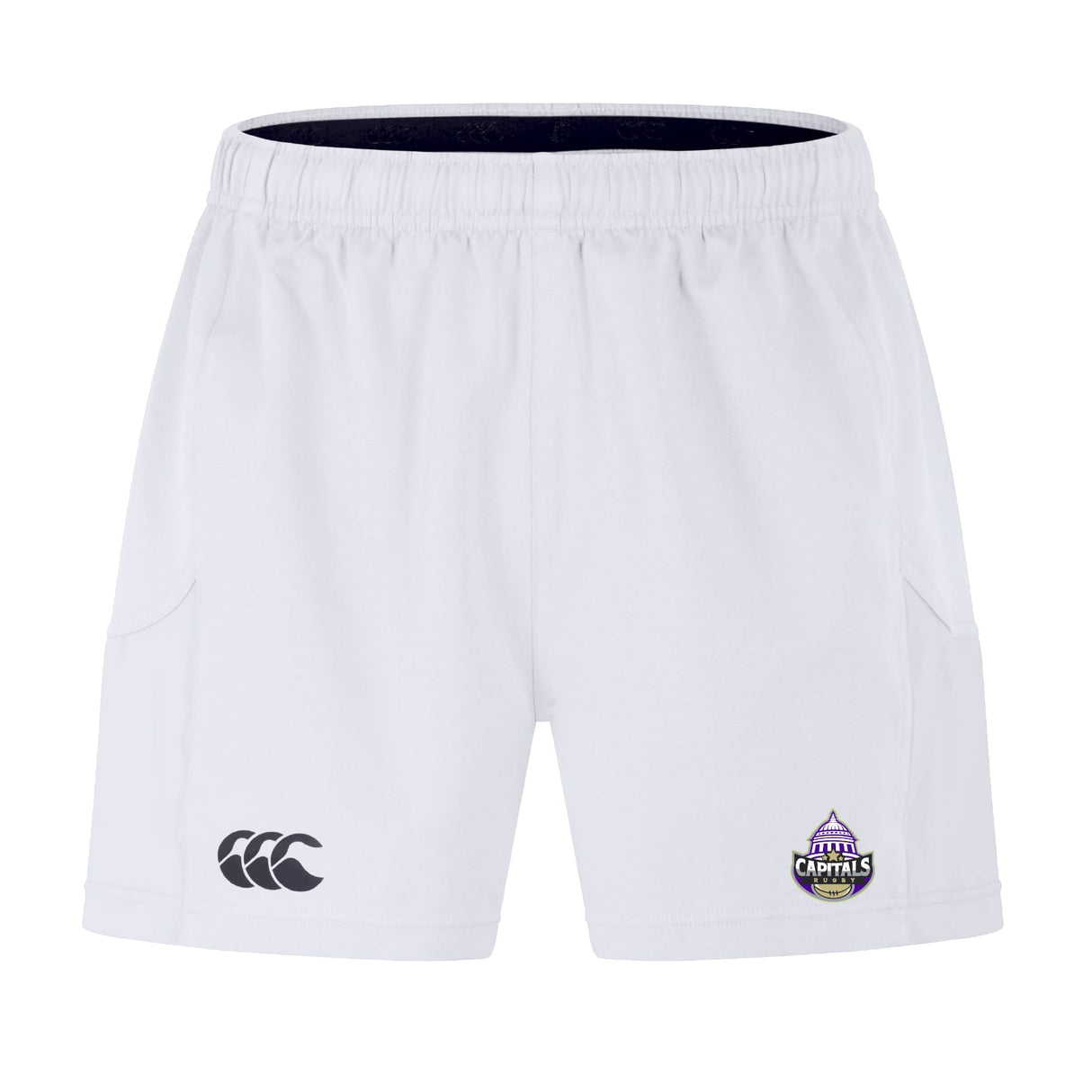 The Capitals Rugby NC Advantage Short 2.0 by EMB Canterbury is a white sportswear short featuring the Canterbury logo on the left leg and a Washington Capitals rugby logo on the right leg.