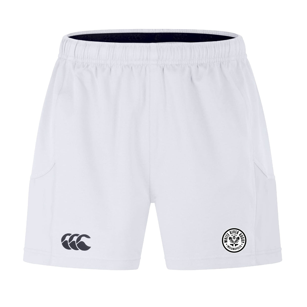 The White River Rugby Football Club Advantage Short 2.0 by EMB Canterbury features an elastic waistband, double front logos, and side pockets—sustainable sportswear designed for comfort and performance on or off the field.