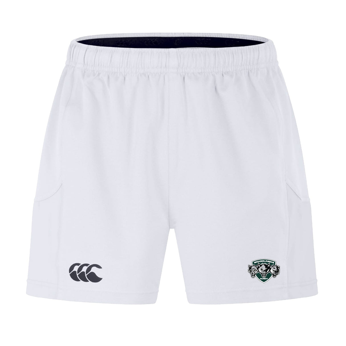 The Woodlands Youth Wolfpack Advantage Short 2.0 by EMB Canterbury features an elastic waistband, black Canterbury logo on the left leg, and a green crest on the right—designed for comfort and sustainability in every workout.