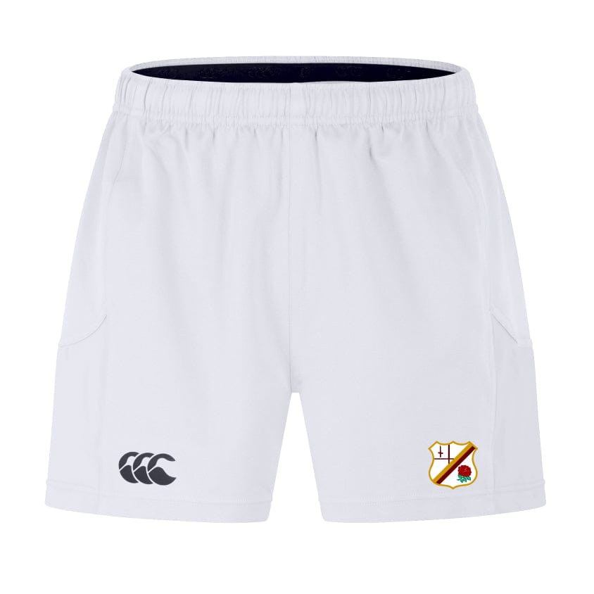 The Williams College RFC Advantage Short 2.0 by EMB Canterbury showcases white athletic fabric, featuring an embroidered shield logo on the right leg and a black Canterbury logo on the left. Designed for peak performance, these shorts are crafted with sustainability in mind.