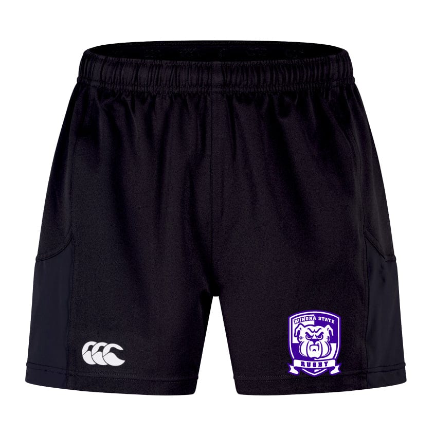These black performance shorts, known as the Winona State University Advantage Short 2.0 by EMB Canterbury, proudly display the Canterbury logo on the left and a purple "Chesma State Rugby" crest on the right. They are crafted from recycled materials to offer sustainable sportswear without sacrificing style or durability.