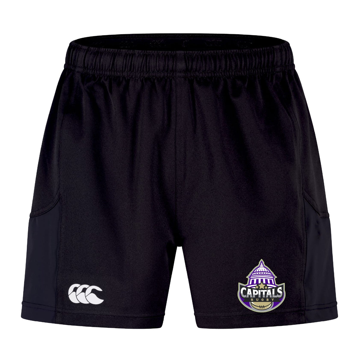 The Capitals Rugby NC Advantage Short 2.0 by EMB Canterbury is a black recycled athletic short featuring a white Canterbury logo on the left leg and a Washington Capitals logo on the right, ideal for fans wanting top performance sportswear.