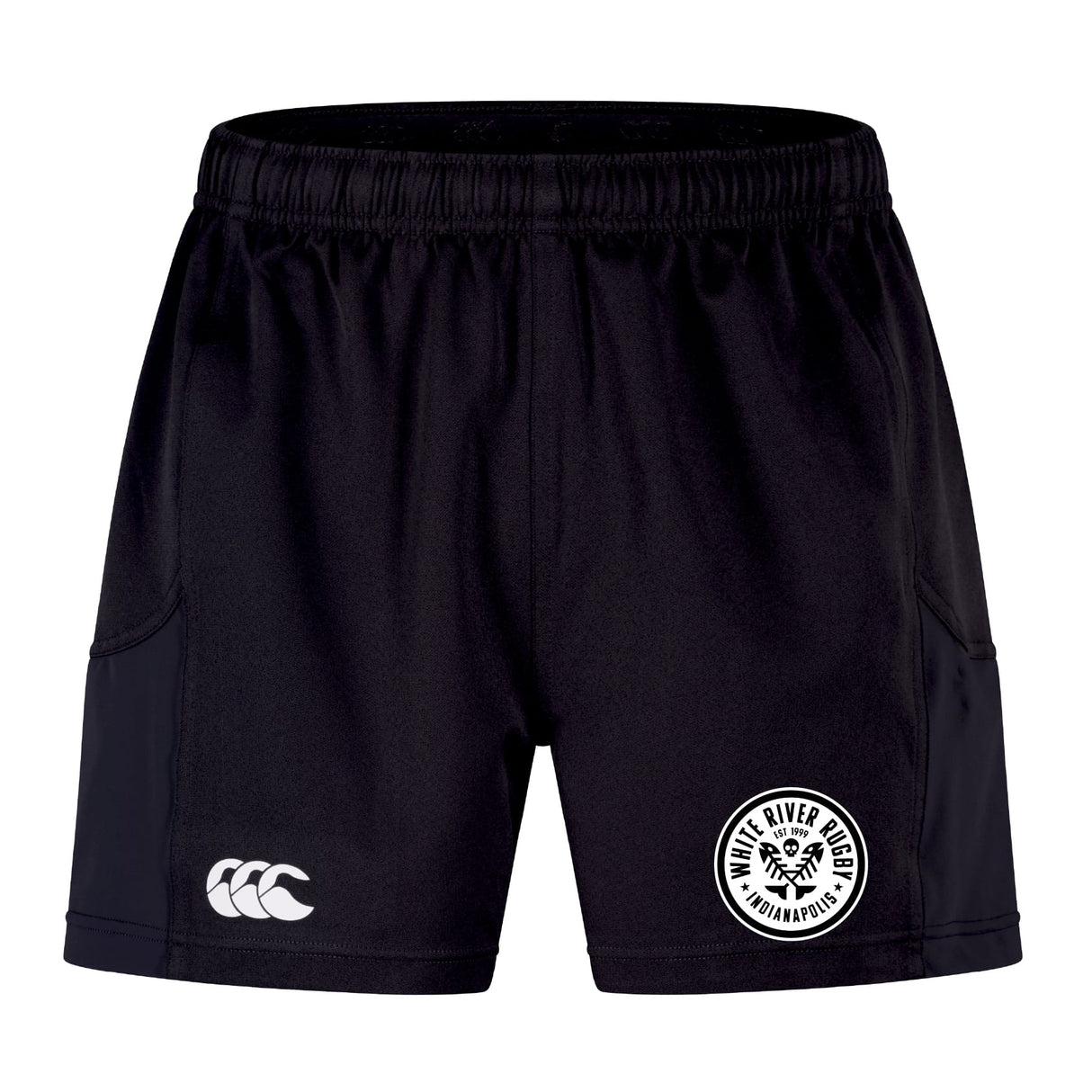 The White River Rugby Football Club Advantage Short 2.0 by EMB Canterbury features an elastic waistband, Canterbury logo on the left leg, and club branding on the right—a sustainable choice for players seeking performance sportswear.