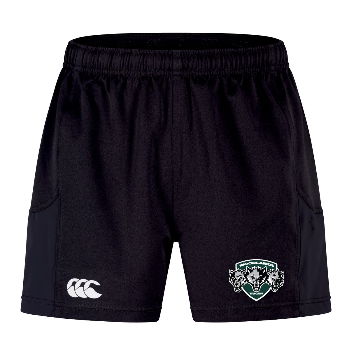 The Woodlands Youth Wolfpack Advantage Short 2.0 by EMB Canterbury offers black performance training with an elastic waistband, Canterbury logo on the left leg, and Woodland Wolves badge on the right—crafted for sustainable sportswear excellence.