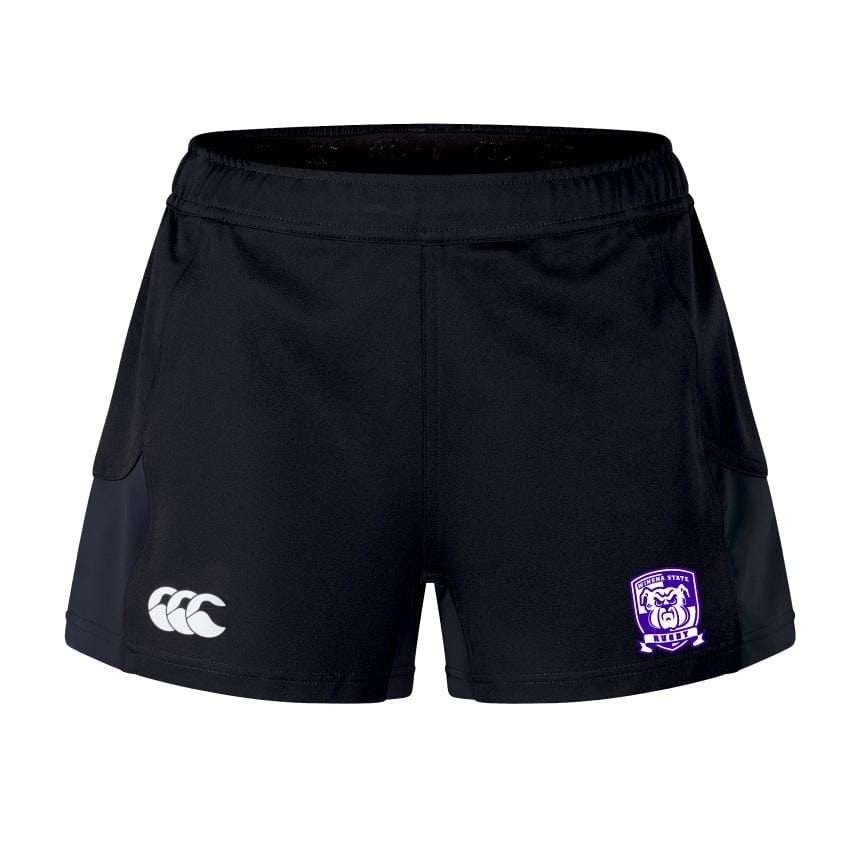 Winona State University Women's Advantage Short 2.0 by EMB Canterbury showcasing a white Canterbury logo on the left leg and a purple emblem with a bear on the right leg. Engineered for performance and sustainability, these shorts are made with recycled materials to provide eco-friendly athletic wear.