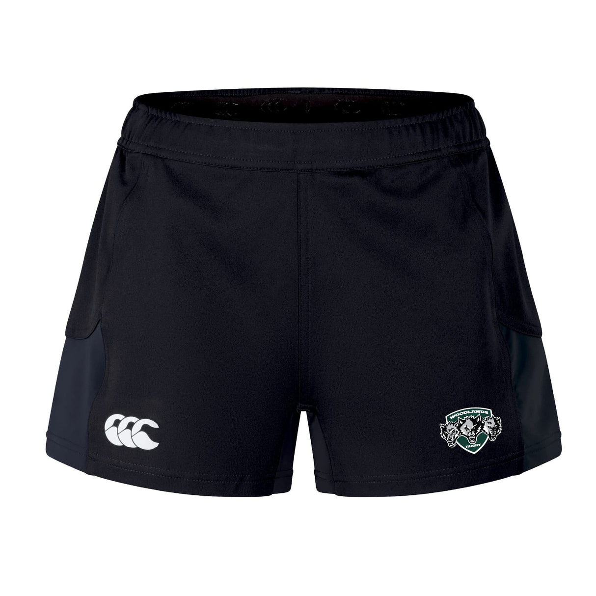 The Woodlands Youth Wolfpack Women's Advantage Short 2.0 by EMB Canterbury features black recycled fabric, a white Canterbury logo on the left leg, and a green and white embroidered team crest on the right leg.